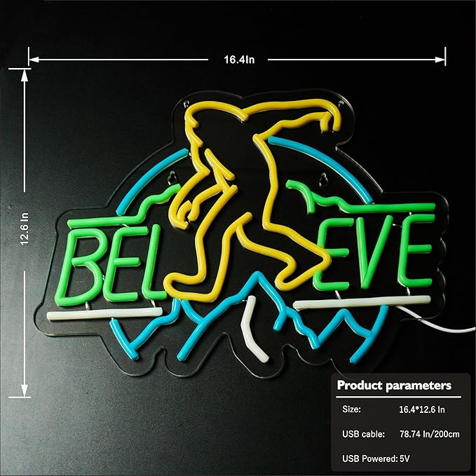 Sasquatch Believe Neon Sign for Wall Decor, Bigfoot Neon Signs LED Lights for Kids Room Decor Bar Game Room Man Cave Gift, USB Powered