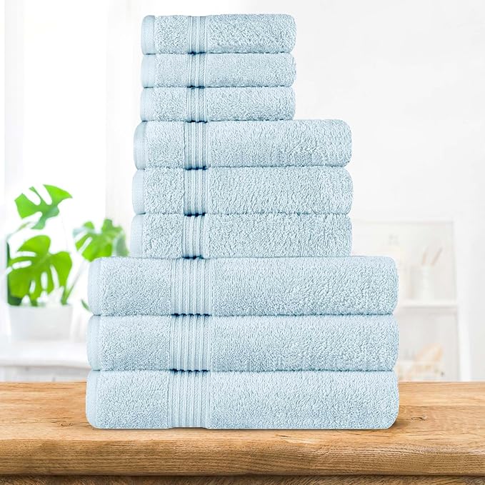Superior Egyptian Cotton 9-Piece Towel Set, Assorted Towels for Home Bathroom, Guest Bath Decor Essentials, Includes 3 Bath, 3 Hand, 3 Face Towels/Washcloths, Quick Dry, Absorbent - Light Blue
