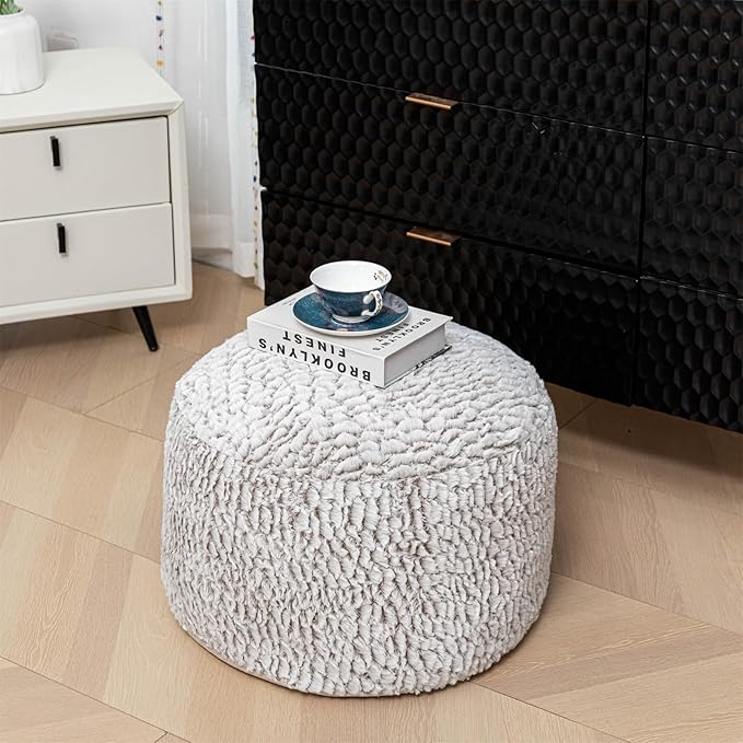 Asuprui Pouf Ottoman Stuffed Round Poof Ottoman Seat Foot Stool with Filler 20x20x12 Inches Fuzzy Chair Floor Pouf Chair Foot Rest with Storage for Living Room Bedroom Snow Coffee Pouf with Filler