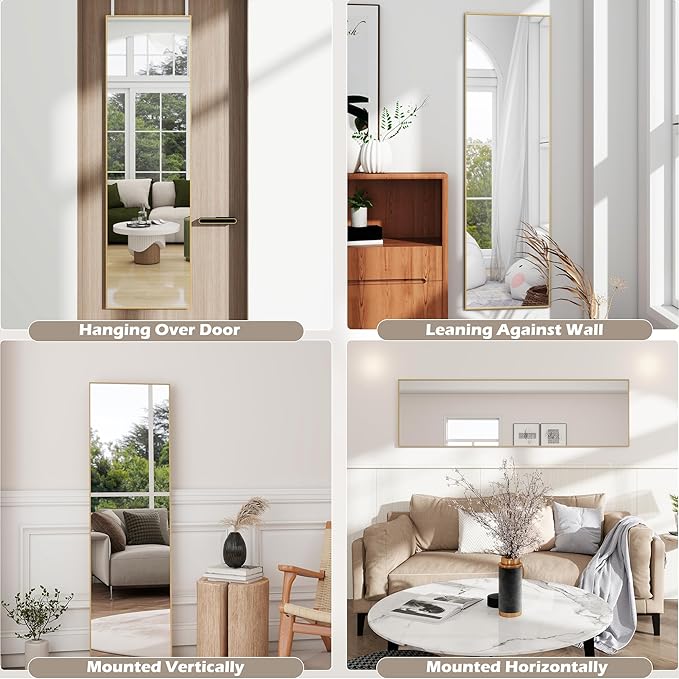 Over The Door Full Length Mirror, Wall Mounted 14"x 48" Full Body, Back of Door Hanging for Bedroom Living Room, Gold