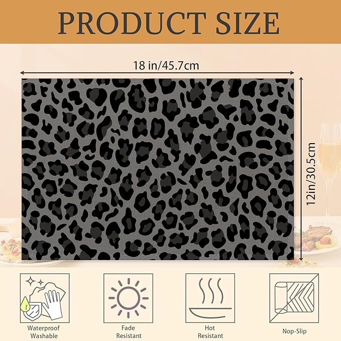 Gray and Black Leopard Placemats Set of 6 Washable Table Mats for Kitchen Dining Table,Heat-Resistant Place Mats for Indoor Outdoor Party Holiday Decoration