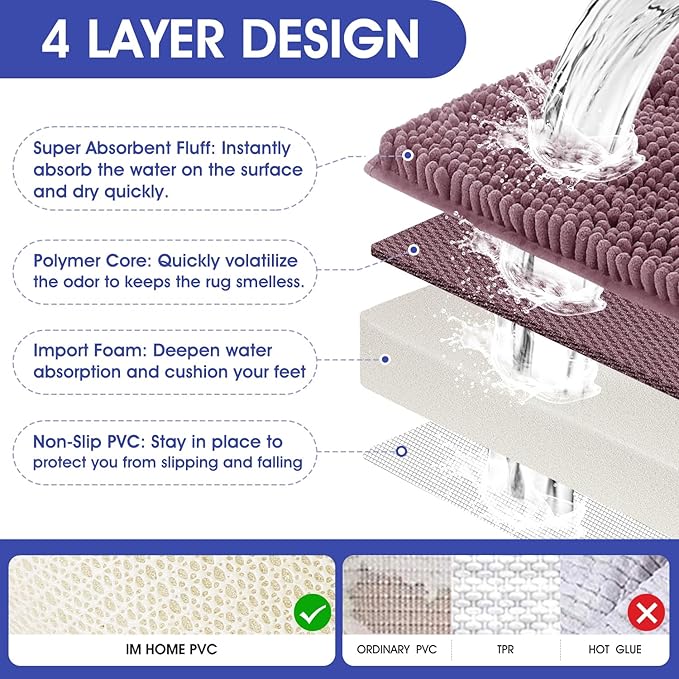 Striped Mauve Bathroom Rug Set 3 Pieces Ultra Soft, Non Slip Chenille Bath Carpet, Absorbent Plush Shaggy Bath Mats for Bathroom, Toilet, Bedroom, Kitchen