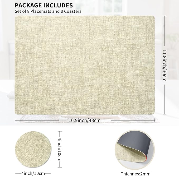 Placemats Set of 8 with Coasters Dual Sided Heat Stain Resistant Place Mats Faux Leather Table Mats Non-Slip Waterproof Oil-Proof Washable Wipeable Table Placemats for Dining Patio Table Kitchen
