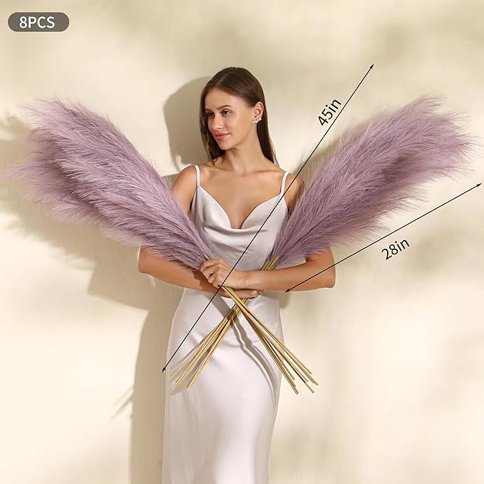 Purple Pampas Grass Decor - 45-Inch Set of 8 | Large Faux Pampas Grass Soft and Fluffy | Big Artificial Fake Flower | Perfect for Wedding Centerpieces, Baby Shower and House Decor