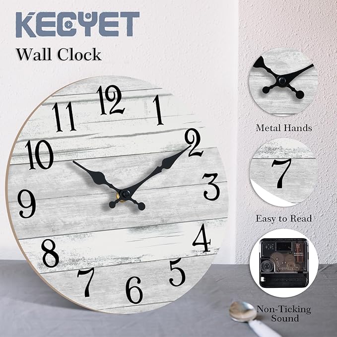 Wall Clock Battery Operated 16 Inch Large Gray Silent Non Ticking Country Rustic Design Vintage Retro Decorative for Bathroom Kitchen Living Room Bedroom