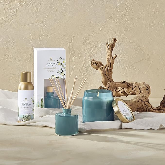 Thymes Petite Reed Diffuser Set – Includes Rattan Wood Sticks, Fragrance Oil, & Glass Bottle – Home Fragrance Oil Diffuser – Luxury Home Decor – Guest Bathroom Essentials (Cyprus Sea Salt, 4 fl oz)
