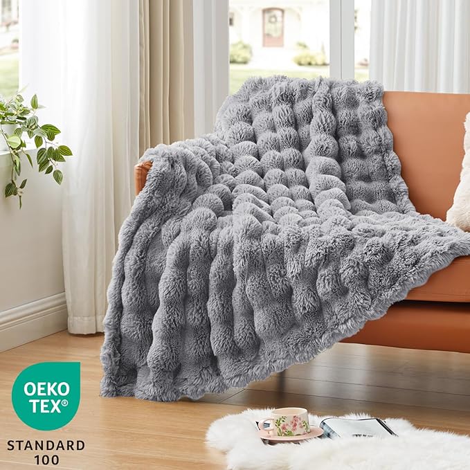 EXQ Home Rabbit Faux Fur Throw Blanket for Couch, Soft Fluffy Bubble Double Sided Plush Blanket, Cozy Thick Warm Fuzzy Decorative Blanket for Bed Chair Sofa Living Room, 50x60 Inches (Light Grey)