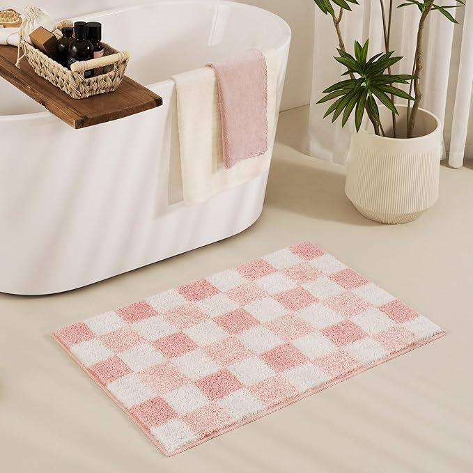 GRANNY SAYS Checkered Pink Bathroom Rugs, 36" x 24", Fluffy Rug, Absorbent Microfiber Ultra Soft Bath Mat Washable, Non-Slip Bath Mats for Bathroom, Cute Floor Mat for Tub, Shower, Bedroom