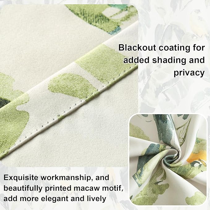 Leeva 96 Inch Curtains with White Sheer Tulle Overlay, Green Bird Printing Light Filtering Curtains 2 Panels Set, Grommet Drapes for Nursery Living Room, 52 x 96 Inches