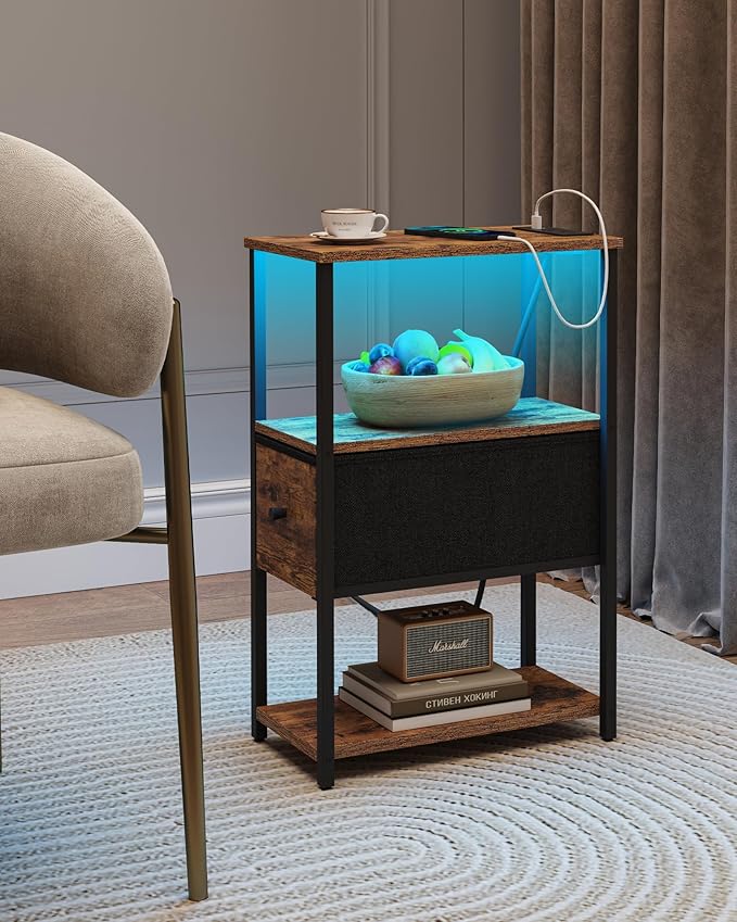 TUTOTAK Small Narrow LED End Table with Charging Station, Side Table Outlets, Nightstand with Cloth Drawer, Set of 2, Couch Table, for Living Room, Bedroom, Bedside, Brown TB01BB059