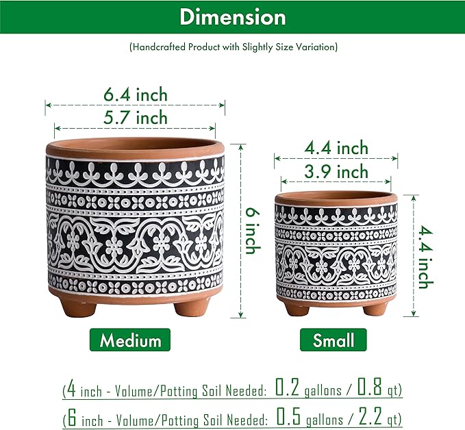 D'vine Dev Set of 2 Terracotta Planter Pots, 4 Inch & 6 Inch, Design Plants Pot with Drainage Hole, Midnight Lace, Terracotta/Black, 31-953-F-2