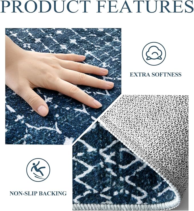 Lahome Moroccan Blue Carpet for Living Room - 4x6 Area Rug Non-Slip Ultra-Thin Soft Bedroom Rug Stain Resistant Modern Carpet with Geometric Print, Suitable for Office, Kitchen, Entryway, Dining Room