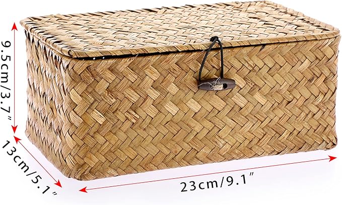 Hipiwe Wicker Shelf Baskets Bin with Lid, Handwoven Seagrass Basket Storage Bins Rectangular Household Basket Boxes for Shelf Wardrobe Home Organizer, Caramel X-Small
