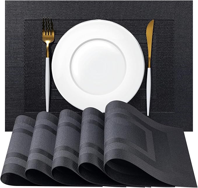 Placemats Set of 8 - Easy Clean Woven Vinyl Placemats for Dining Table, Indoor/Outdoor Place Mats, Washable PVC Table Mats(Black Cube)