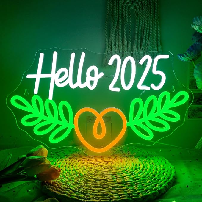 Lucunstar Hello 2025 Neon Sign,Neon Sign 2025,Led Neon Light for Wall Decor,Light Up Sign for Bedroom Decor,Dimmable Switch USB Connectivity Neon Signs for Holiday Party Light,Festival Celebration