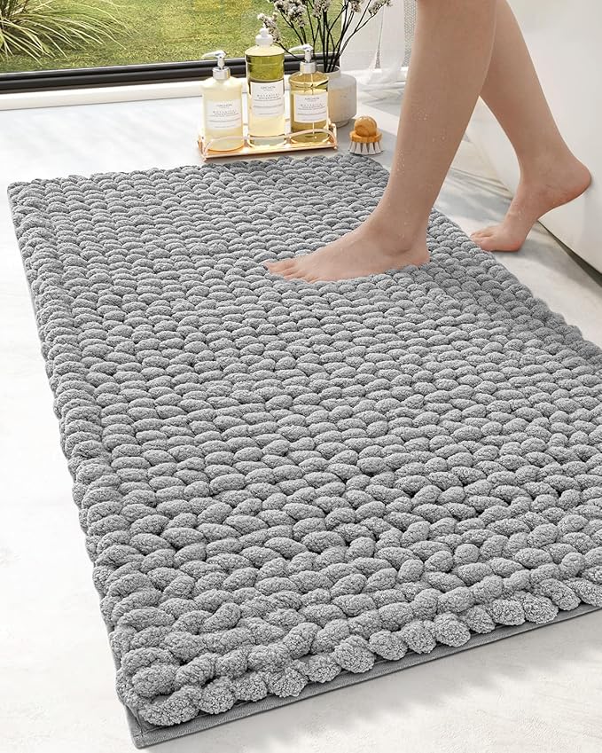 DEXI Bathroom Rugs 24x43, Non Slip Washable Bath Mat, Luxury Chenille Super Absorbent Thick Bathmats for Shower Floor, Plush Fluffy Shaggy Carpet for Tub, Light Grey