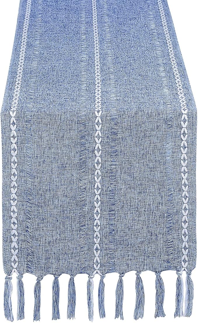 Chassic Rustic Farmhouse Style Linen Table Runner, Boho Handmade Tassel Hemstitched Embroidered Table Runners 72 Inches Long for Holiday Party, Dresser and Dining Decorations, 13 x 72 inch - Blue
