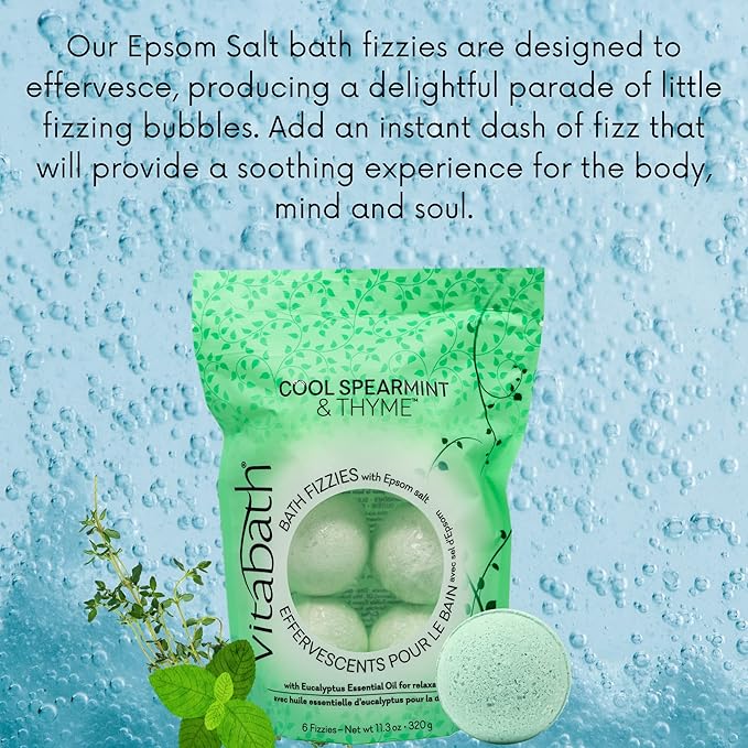 Vitabath Cool Spearmint & Thyme Bath Fizzies with Epsom Salt Relax Nourish Unwind Body & Mind Calming Aromatherapy for Muscle Soreness & Reviving Skin Nourishment - 6 Count