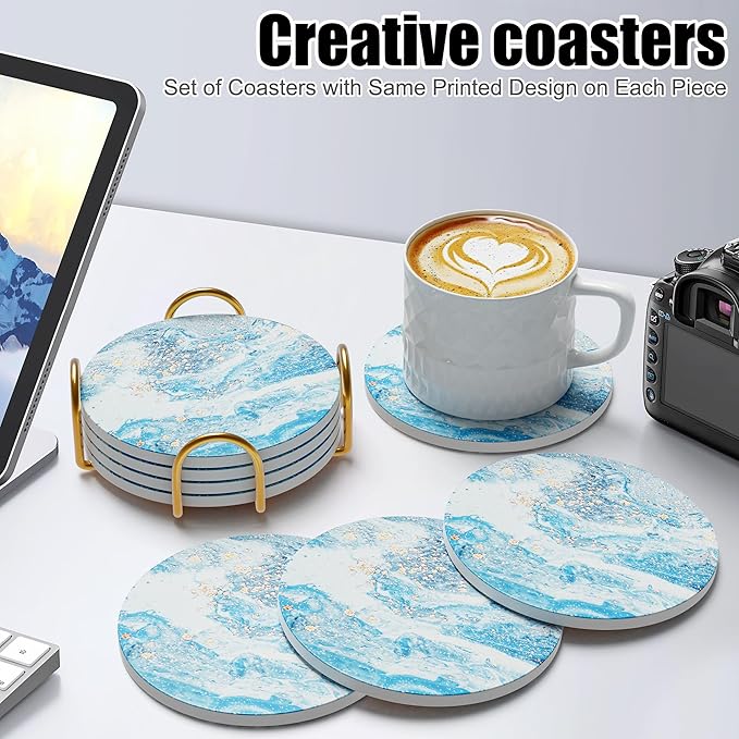 Coasters for Drinks Set of 4, Absorbent Mountainous Region Marble Style with Metal Golden Holder, Ceramic Coaster Set Cup Mat for Home Decor, Bar, Kitchen, Party