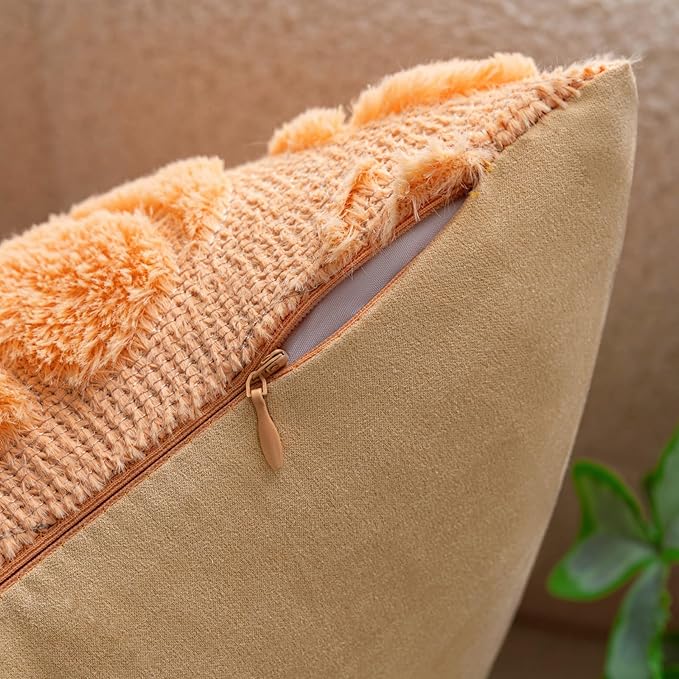 Pumpkin Fall Decorative Throw Pillow Covers 12"x20", Set of 2 Light Gold Soft Faux Fur Pillow Covers for Autumn Harvest, Fluffy Plush Accent Pillow Cases for Farmhouse Couch Cushion Covers