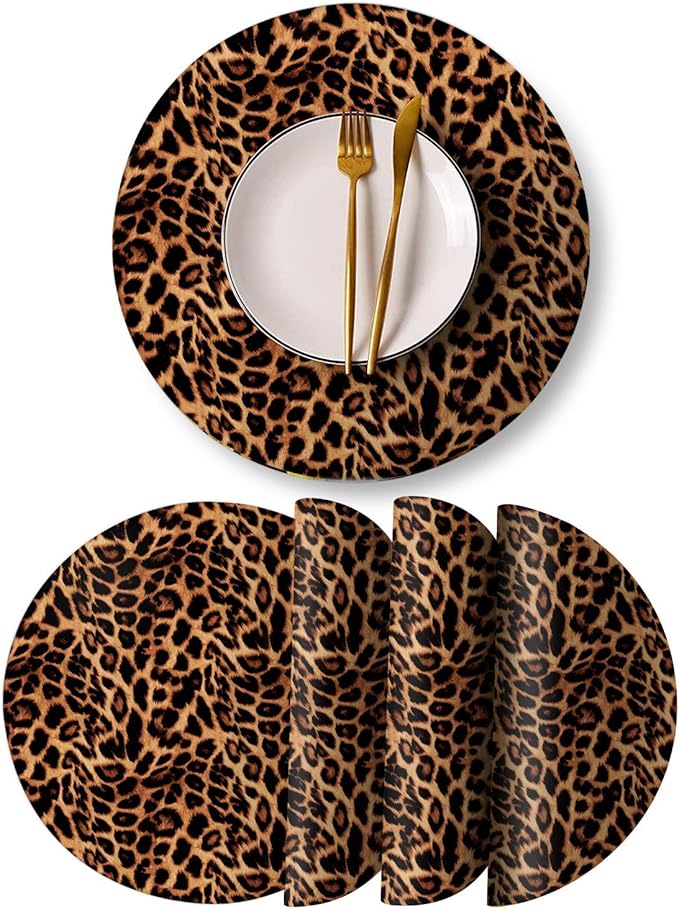 Round Leather Placemats Set of 4 PU Waterproof Non-Slip Washable Heat Resistant Place Mat for Kitchen Dining Table - Leopard