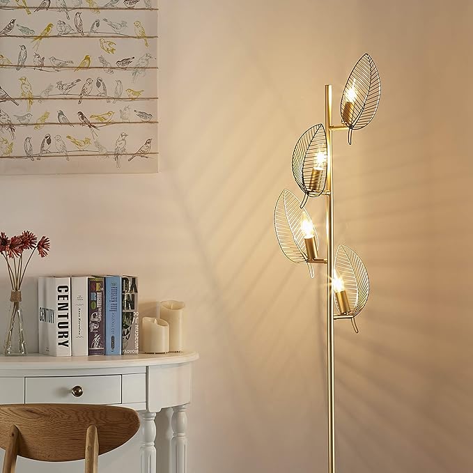 WOXXX Industrial Gold Floor Lamp with 4 Brush Black Finish Leaf Shade, Modern Tree Floor Lamps for Living Room Bedrooms Reading Standing Lamp Living Room Lamps Farmhouse Tall Lamp (4 Bulbs Included)