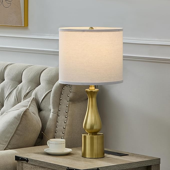 23" Modern Gold Lamps Set of 2 for Bedroom, Minimalist Gold Table Lamps for Living Room Set of 2, Small Gold Table Lamps for Nightstand Set of 2, with White Linen Drum Lampshade for Home Office