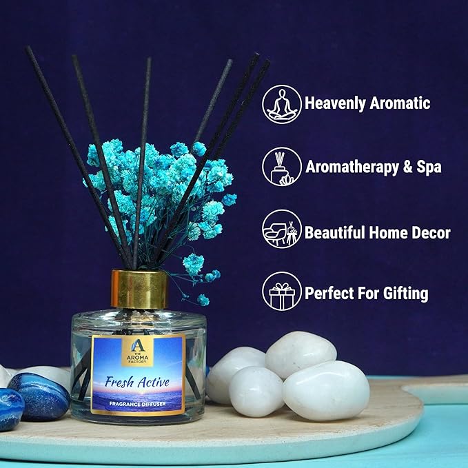 The Aroma Factory Fragrance Reed Diffuser Set with Natural Essential Oil, Aroma Sticks & Real Preserved Flowers | Luxury Home Decor Scent (Fresh Active, 1 Pack)