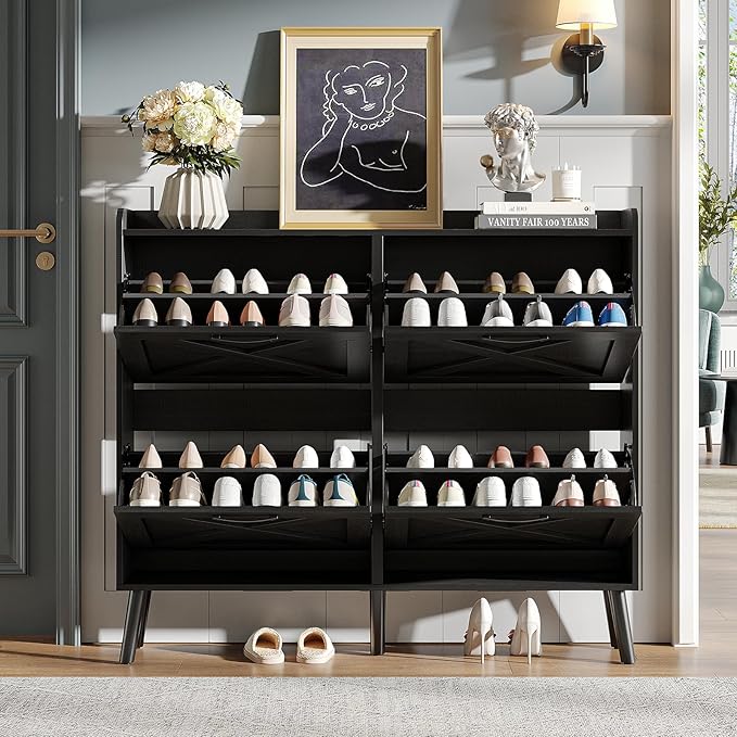 Maupvit Large Shoe Storage Cabinet with 4 Flip Drawers, Narrow Shoe Cabinet for Entryway with Wooden Legs, Freestanding Hidden Shoe Rack Organizer & Metal Hinges, Black