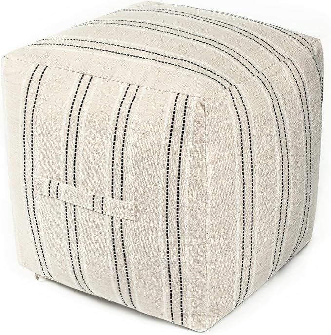 AELS Unstuffed Farmhouse Pouf Cover for Living Room, Boho Storage Bean Bag Cubes, Beige with Black Stitch Yarn Dyed Stripe Linen Square Ottoman Pouf Foot Rest Footstool, 18"x18"x18", Cover ONLY