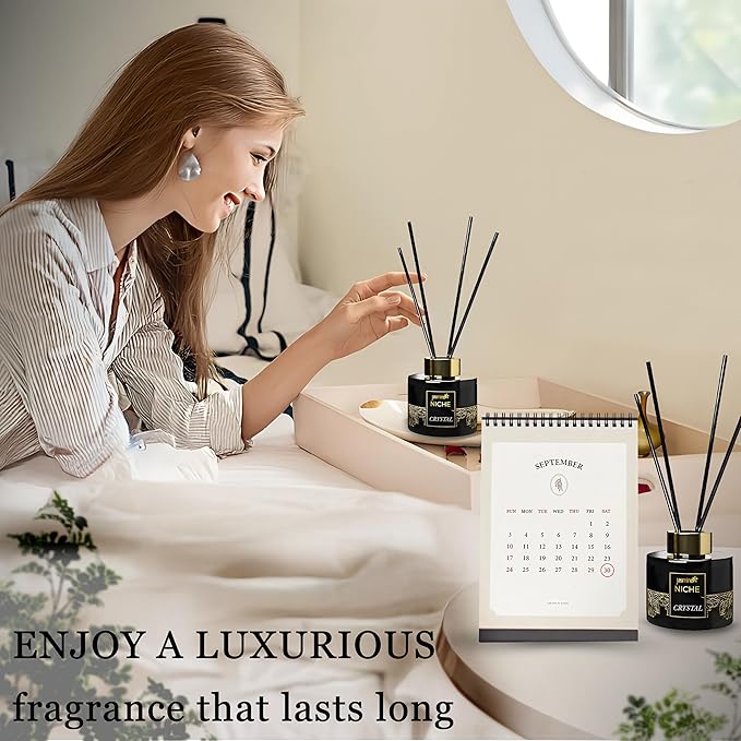 Luxury Jasmine NICHE Reed Diffuser Set 5.41 fl oz Long Lasting Home Fragrance Aromatherapy Diffuser with 6 Sticks Black Gold Bottle for Bedroom Bathroom Living Room Office Home DΓ©cor (Crystal)
