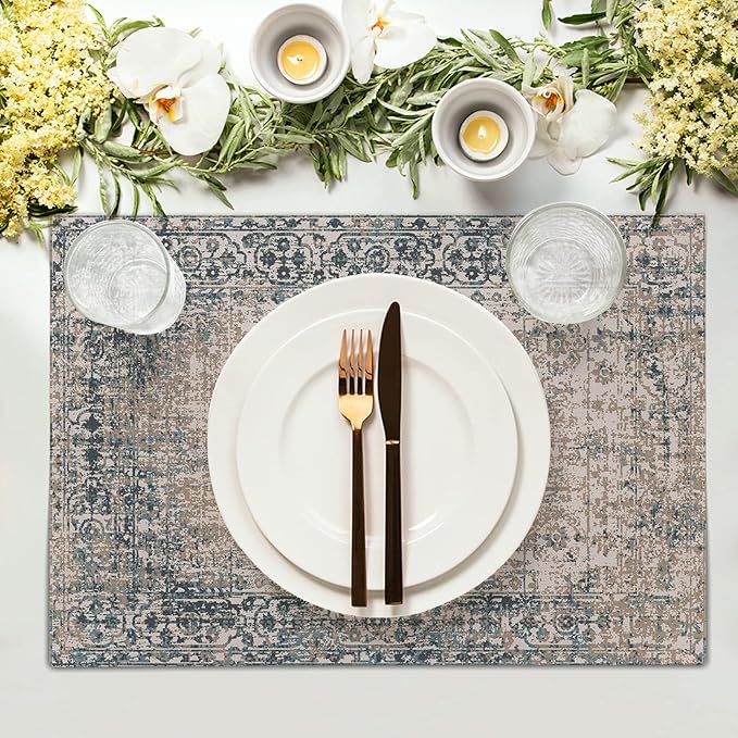 Grey Brown Ethnic Boho Placemats Set of 4 Bohemian Carpet Vintage Gray Linen Washable Kitchen Dining Table Mats Stain Heat-Resistant Desktop Decor Place Mats for Home Party Indoor 12x18 in