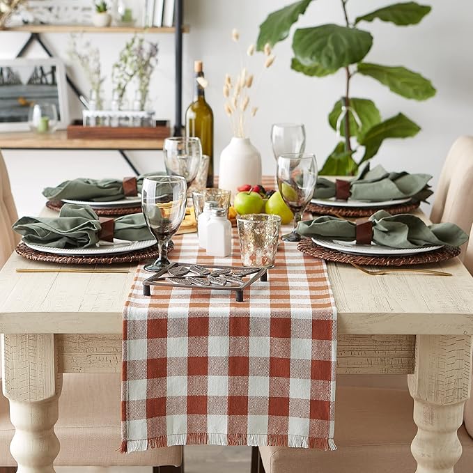 DII Heavyweight Fringed Check Tabletop Collection, Table Runner, 14x72, Cinnamon