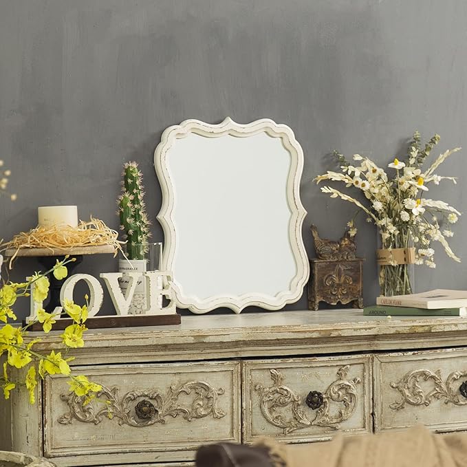 Rustic White Small Scalloped Wall Mirror 12" x 15", Mirror Wall Decor, Decorative Wall Mounted Mirrors, Bathroom Mirrors for Vanity, Distressed Finish Vintage Wall Mirror for Living Room