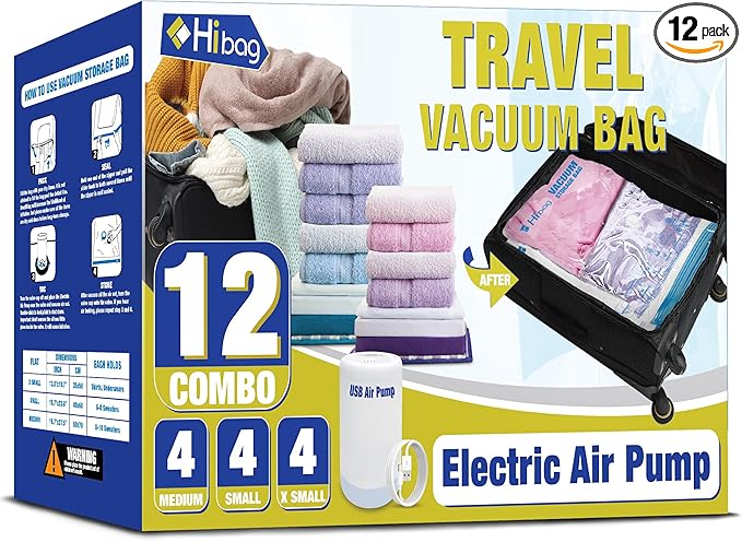 Travel Vacuum Bags with Electric Pump, Vacuum Travel Bags for Luggage and Suitcase, Vacuum Seal Compression Packing Bags for Clothes Clothing, Combo 12 Pack