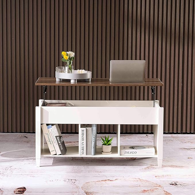 VINGLI Lift Top Coffee Table, White, with Storage Shelf/Hidden Compartment, Gas Lift Mesa De Centro para Sala Pop Up Coffee Table