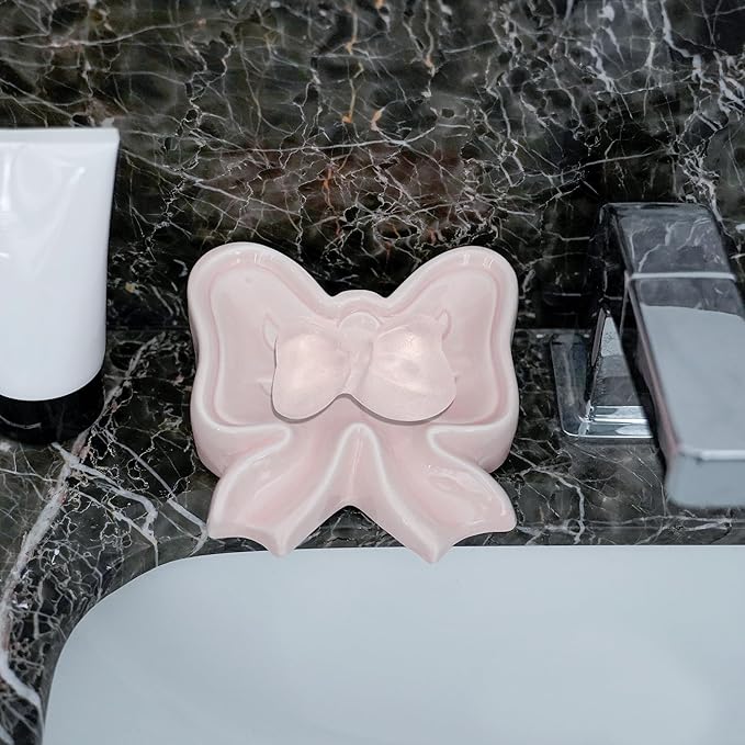 Bowknot Soap Dish, Bow Shaped Ceramic Drain Soap Box, Ceramic Soap Dish for Bathroom, Sinks, Kitchen (Pink)