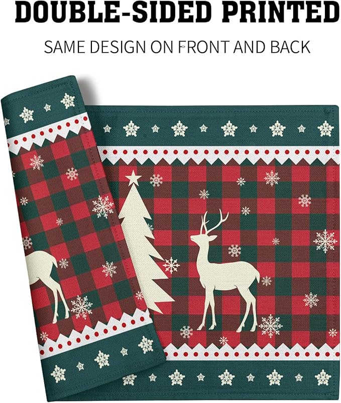Christmas Elk Snowflakes Placemats Set of 4 for Dining Table,Xmas Reindeer Red Green Buffalo Plaid Washable Table Mats Placemats for Winter Kitchen Holiday Coffee Place Mat 18 x12 Inch