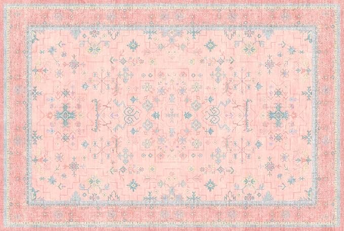 Pink Boho Bathroom Rug, 2x3 Small Throw Rugs for Entryway Kitchen Girls Bedroom Kids Room, Modern Oushak Floral Design, Machine Washable Non Slip Low Pile Stain Resistant Soft Faux Wool Carpet