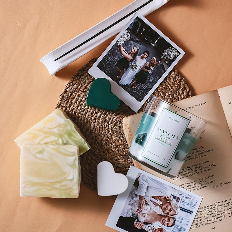 Matcha Latte Gift Set – Soy Wax Candle, Aloe Vera Soap, Ceramic Incense Holder, Heart-Shaped Photo Holders, and Incense Sticks – Perfect for Birthdays, Christmas, and Housewarming Gifts