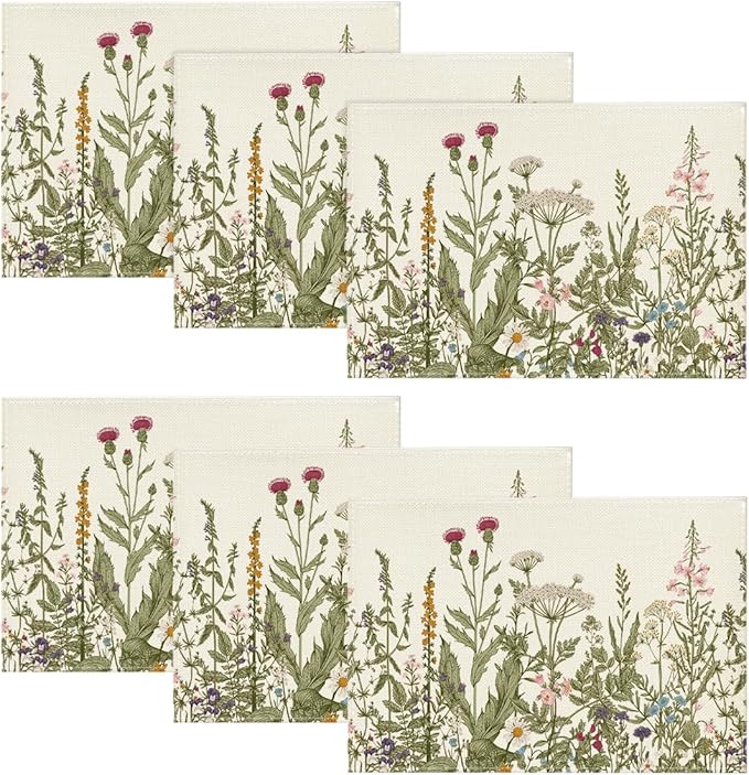 Artoid Mode Antique Herbs and Wild Flowers Spring Placemats Set of 6, 12x18 Inch Seasonal Summer Table Mats for Party Kitchen Dining Decoration