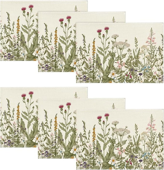 Artoid Mode Antique Herbs and Wild Flowers Spring Placemats Set of 6, 12x18 Inch Seasonal Summer Table Mats for Party Kitchen Dining Decoration