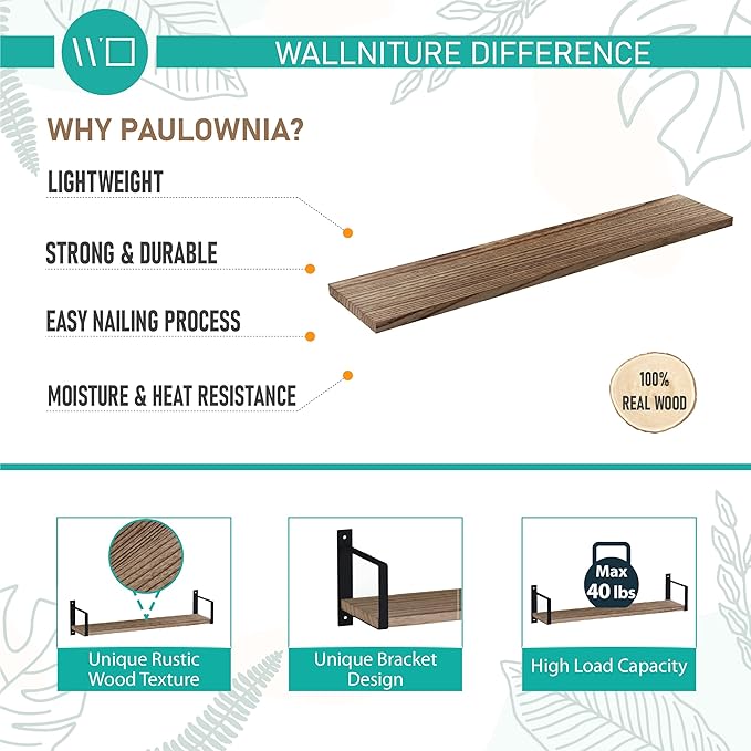 Wallniture Toledo Floating Shelves for Wall, Wall Shelf for Living Room Decor, Kitchen Organization, Bathroom Organizer, Bedrooom Shelves Burnt Set of 2
