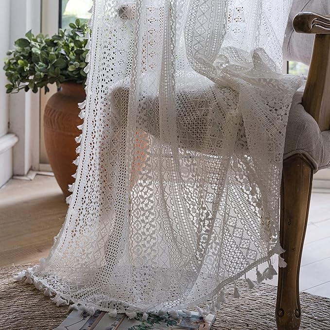 Boho Sheer Lace Curtain Crochet Vintage with Handmade Macrame Tassel Knitted Window Treatment Drape for Bedroom Living Room Kitchen (1 Panel Crochet White, 59"x 84")