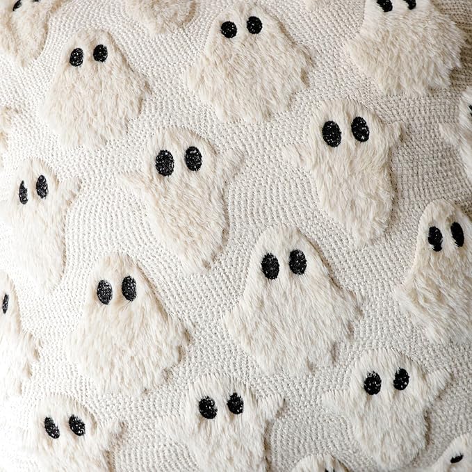 4TH Emotion Halloween Ghost Decorative Lumbar Pillow Covers 12x20 Set of 2, Beige Soft Plush Faux Fur Farmhouse Throw Cushion Cases for Fall Autumn Holiday Home Decorations