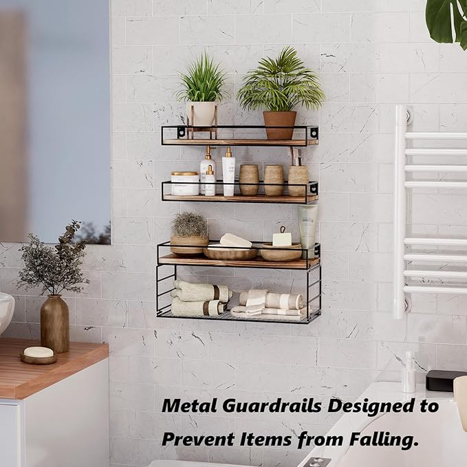 Wall Mounted Bathroom Shelves Over Toilet, Farmhouse Wall Floating Shelf with Guardrail, Bathroom Decor for Bedroom Living Room Kitchen, Dark Brown (16.2 Inch Set of 3)