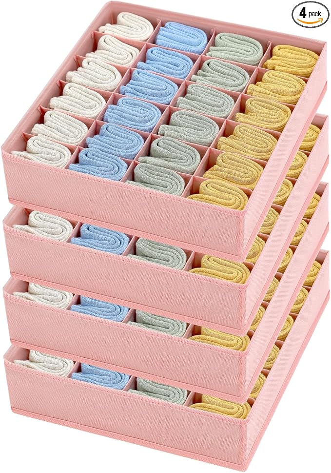 Joyoldelf 4-Pack Pink Fabric Dresser Drawer Organizers, 24-Cell Sock Drawer Divider, Non-woven Material