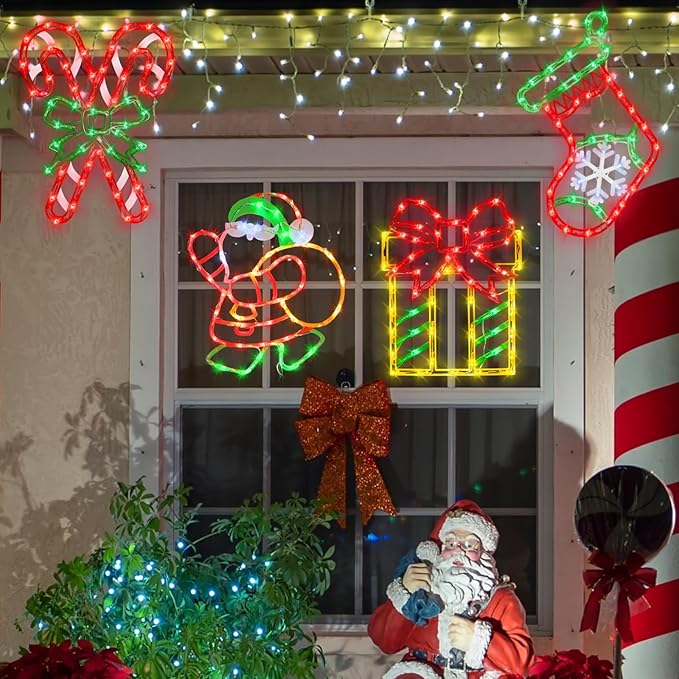 Christmas Decorations - 16" Christmas Window Silhouette Lights - 4 Pack Colour Lighted Christmas Stocking,Candy Cane,Gift Box,Santa for Holiday Indoor/Outdoor Wall Door Window Decorate