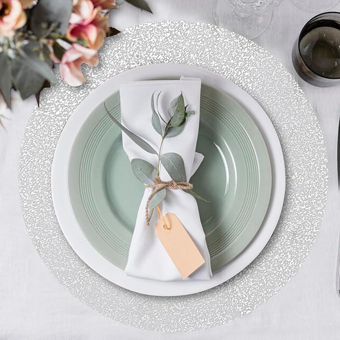 100 Piece Silver Placemats 13 Inch Disposable Silver Foil Place Mats Round Mesh Pressed Paper Placemat for Elegant Wedding, Birthday Party, Church Banquet, Dinners, and Dining Room Table Decor
