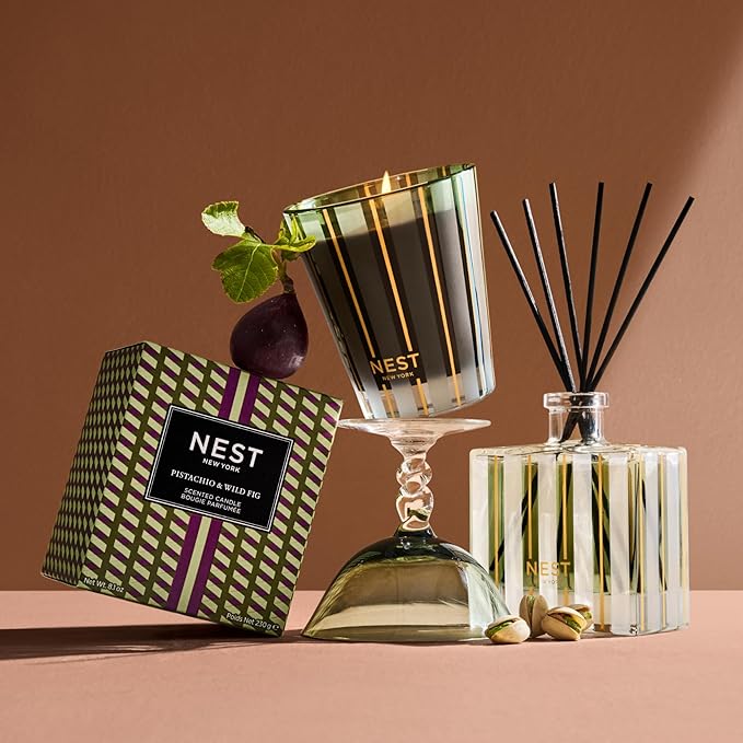 NEST New York Reed Diffuser, Pistachio & Wild Fig - 5.9 fl oz - Fragrance for Up to 90 Days - Reusable, Refillable Glass Holder - Includes 8 All-Natural Reed Sticks - Flame Free